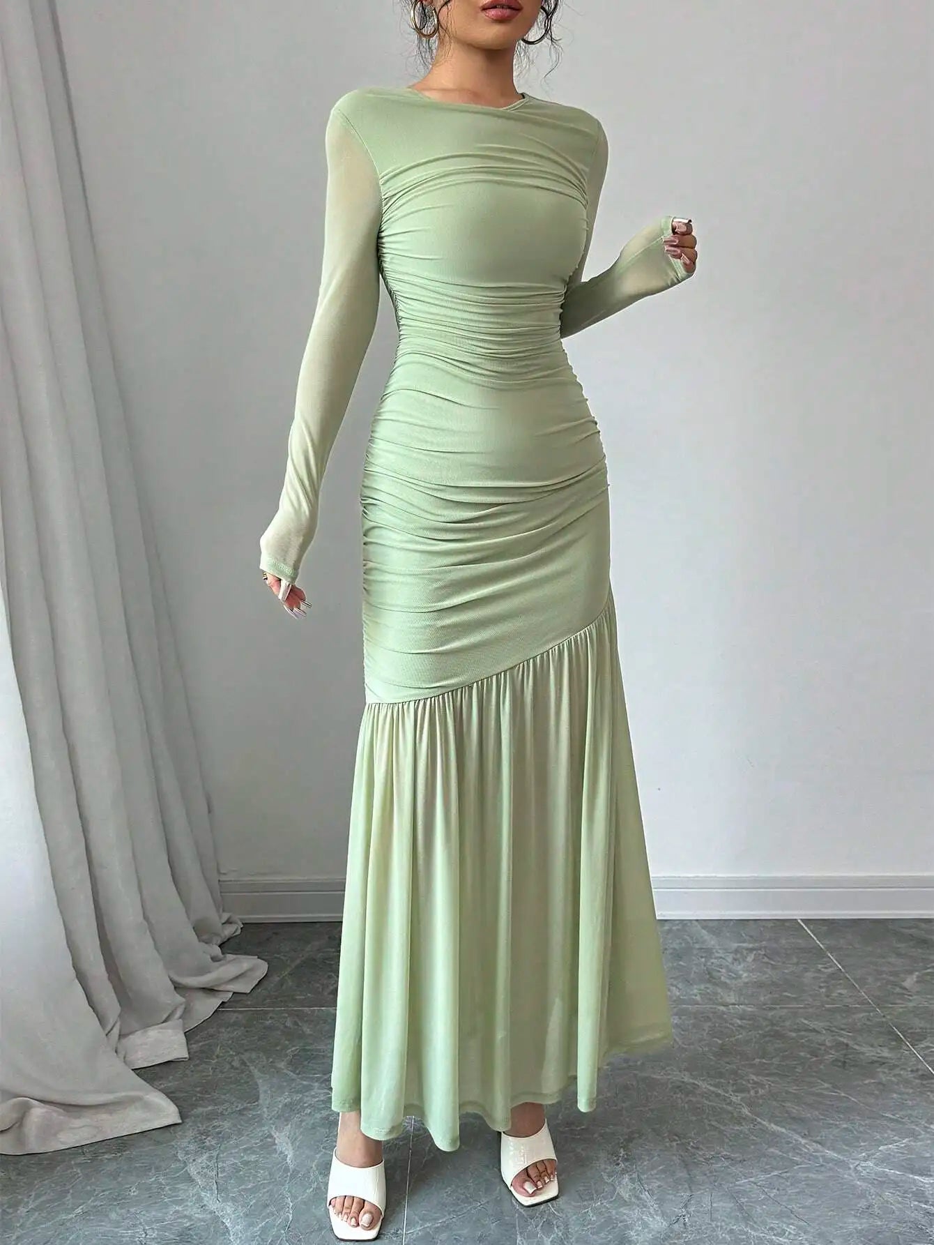 Elegant Mint Green Long Sleeve Round Neck Floor-Length Dress For Women