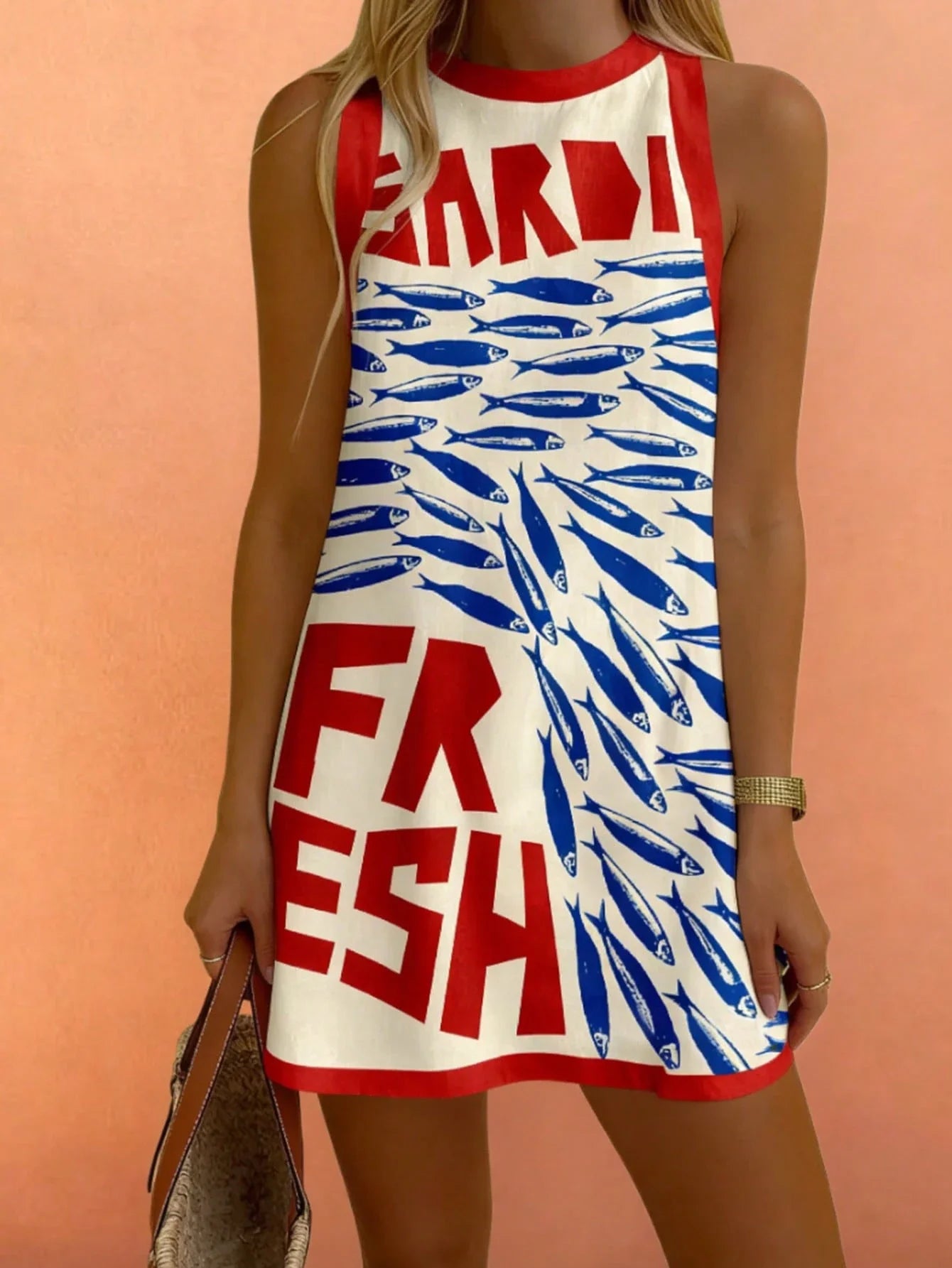 Sleeveless Round Neck Dress With Fish Print And Letter Pattern Casual Beach Style