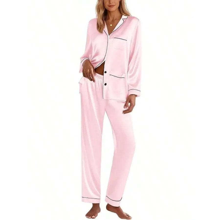 Pink Satin Women Pajama Set Long Sleeve Button Down Lounge Wear