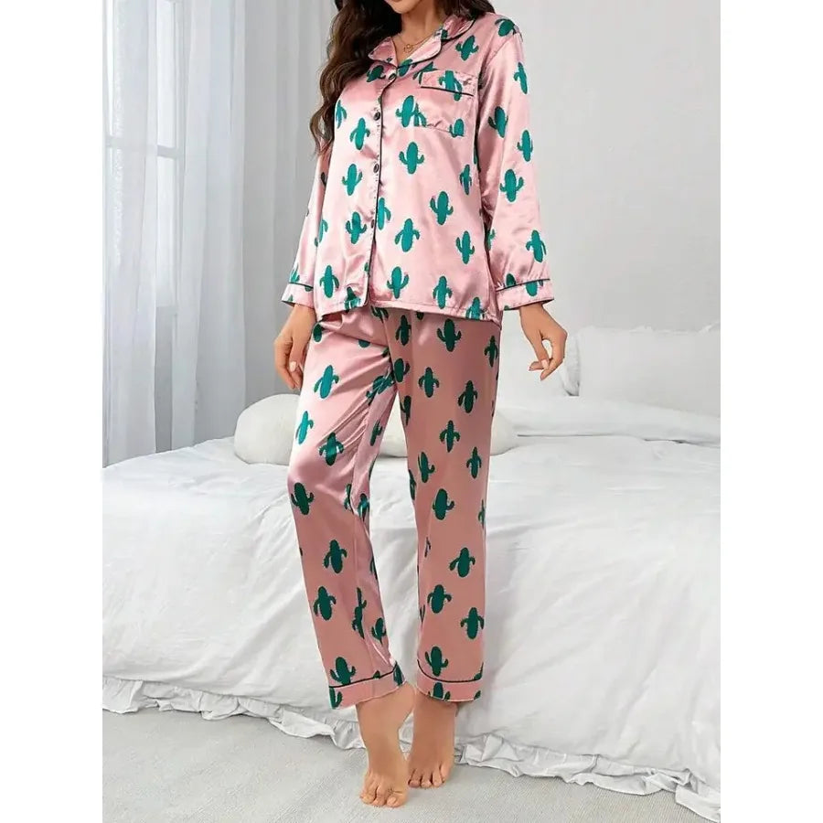 Pink Cactus Print Long Sleeve Pajama Set With Turn-Down Collar