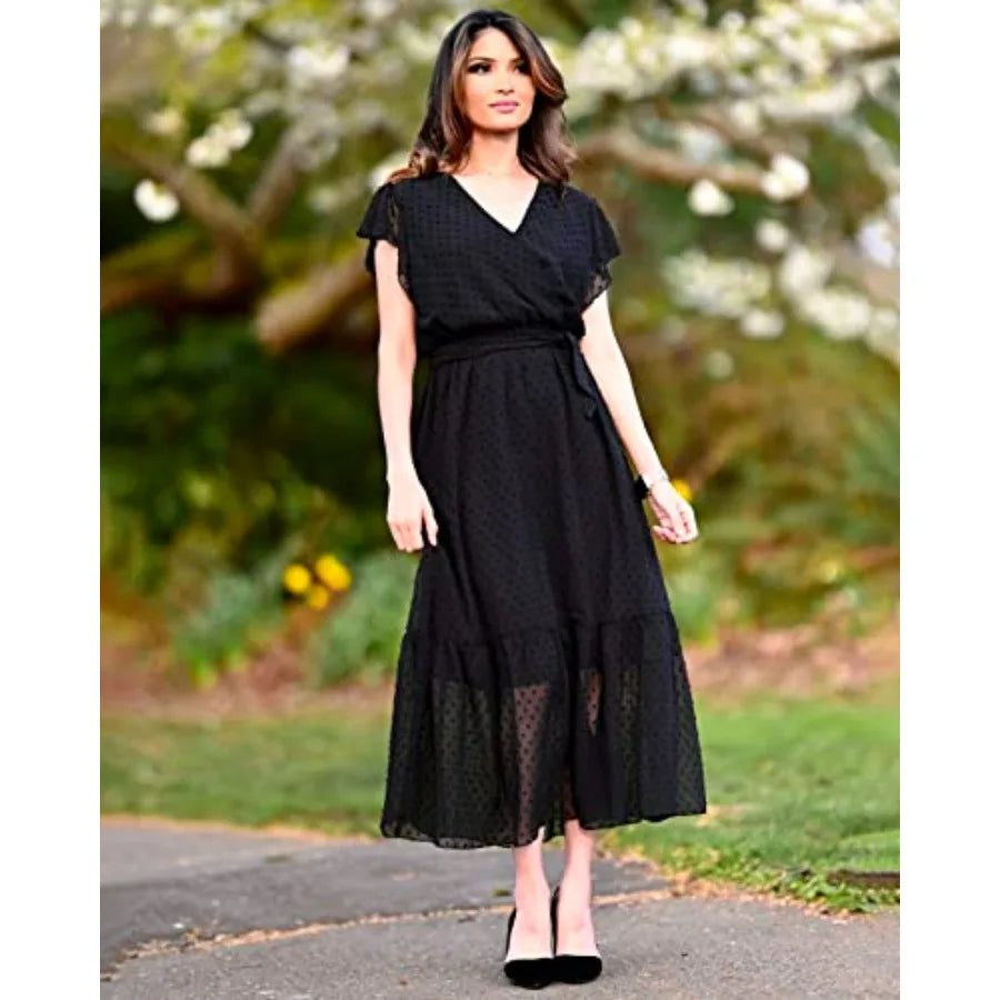 BTFBM Women Summer Bohemian Casual Wrap V Neck Ruffle Cap Sleeveless Belt A-Line Pleated Hem Midi Sun Dress