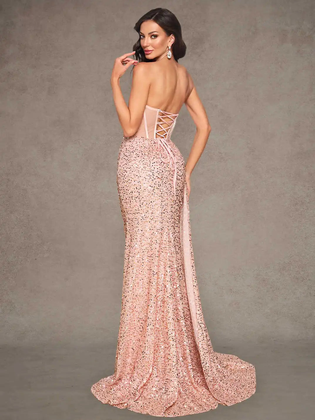 Rose Gold Sequin Strapless Mermaid Evening Gown Sheer Corset High Slit Draped Train Party Dress