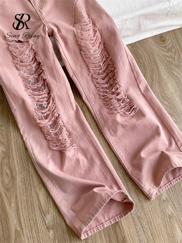 SINGREINY Pink Hotsweet Hole Denim Pants Women High Waist Pocket Design Streetwear Autumn New Lace Patchwork Edgy Wide Leg Jeans