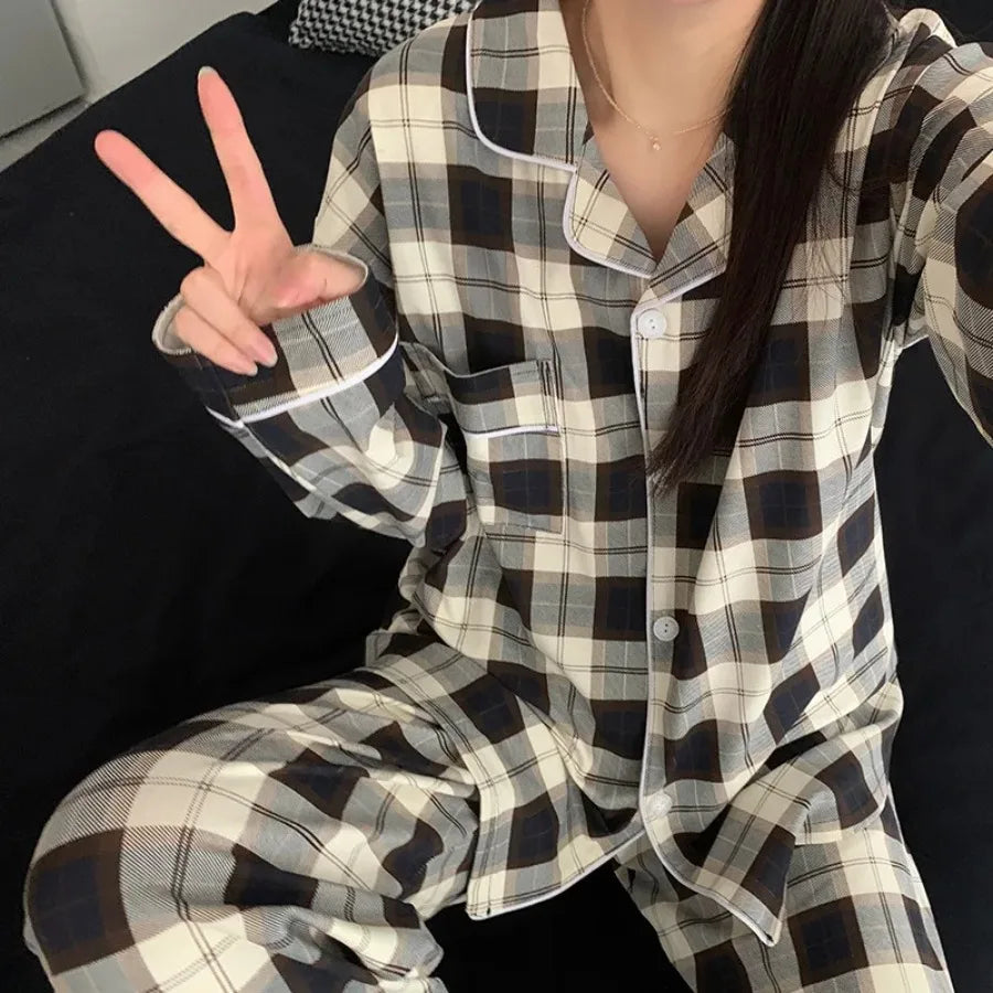Korean Style Long-Sleeved Pajamas Set for Women Spring Autumn Homewear Comfortable Ladies Sleepwear Student Senior Casual Outfi