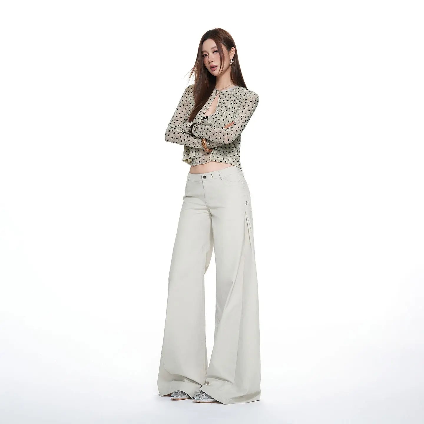 New Spring, Summer, Autumn, and Winter Styles Vintage Low-Waist Studded Simple Loose Wide-Leg Casual Pants for Women Trendy