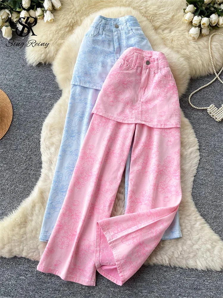 SINGREINY Jacquard Y2K Streetwear Jeans High Waist Floral Print Ins Splice Faux Two Piece Mini Skirt Overlay Wide Leg Denim Pant