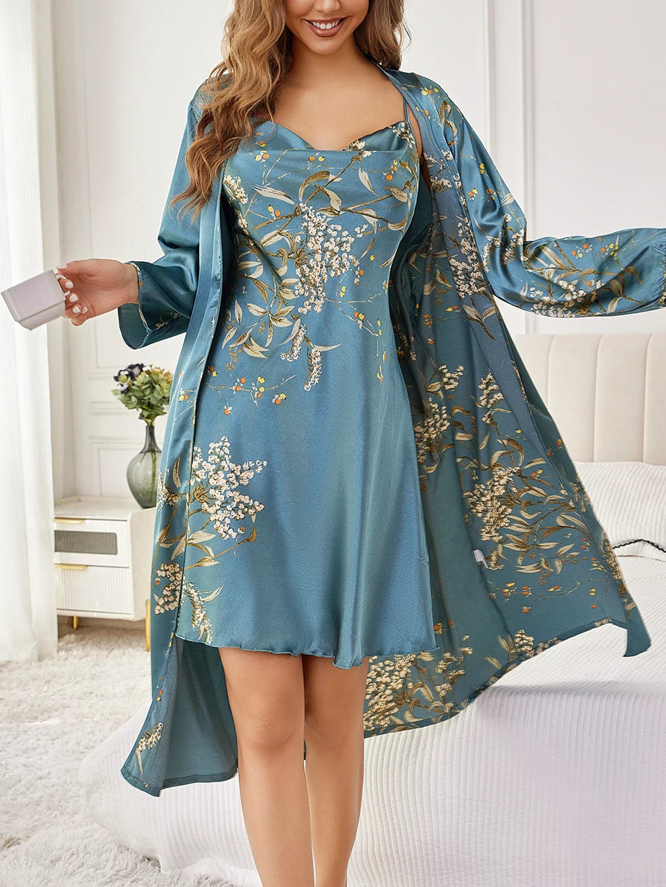 2 Pack Women's Elegant Print Pajama Set Tie Long Robe and Satin Nightgown Random Print Comfortable Homewear Two Piece Set