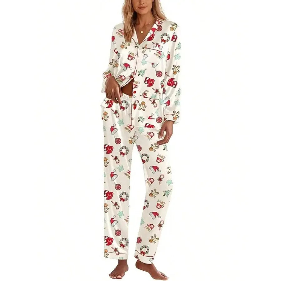 Pink Satin Women Pajama Set Long Sleeve Button Down Lounge Wear