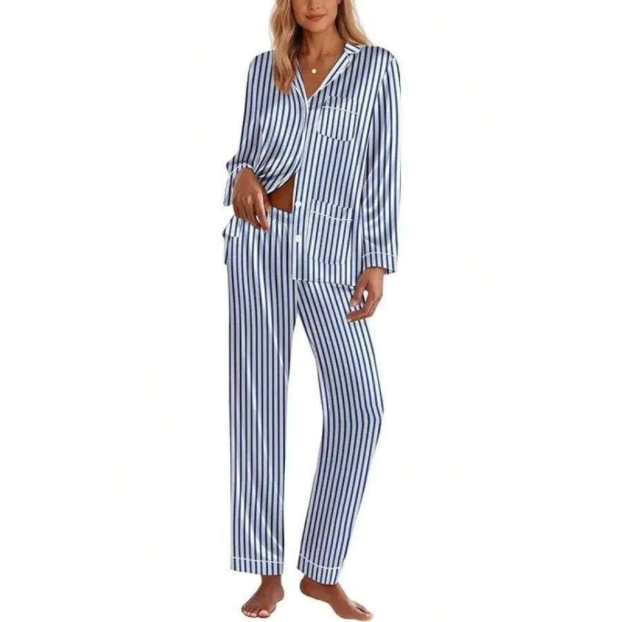 Pink Satin Women Pajama Set Long Sleeve Button Down Lounge Wear