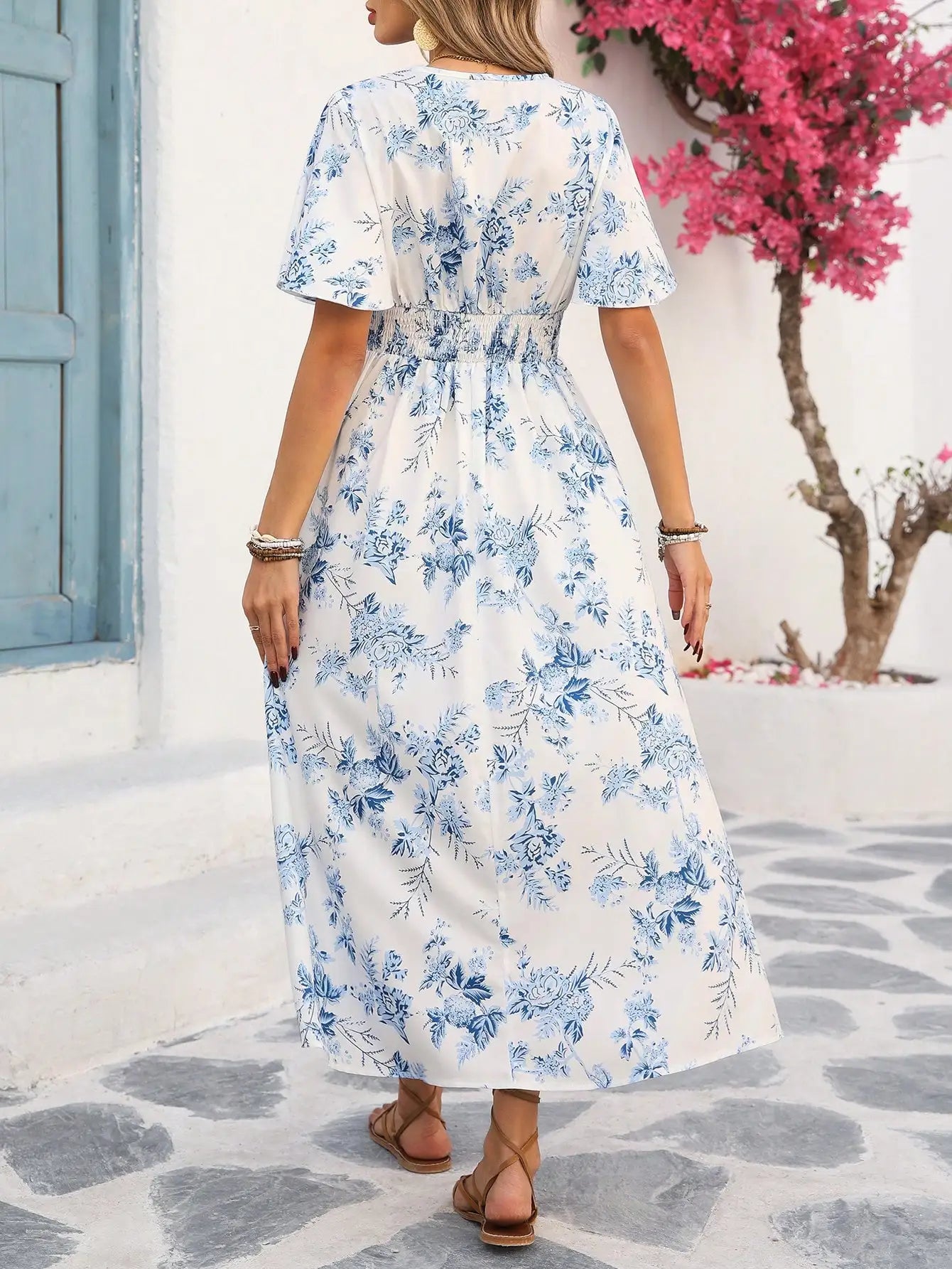 Women's Loose V-Neck Batwing Sleeve Midi Dress with Blue Floral Print