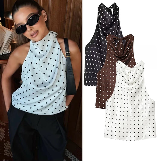 TFMLN Women's Polka Dot Print Halter Neck Top Sexy Off Shoulder Chic Dot Patterned Holiday Style Vest Summer Fashion Outfit