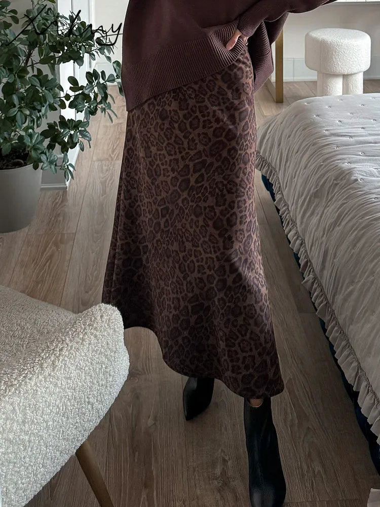 Formal Suede Long Skirt For Women Spring Winter Maxi Leopard Print Skirts A Line Elegant Vintage High Waist Women's Skirts Lady