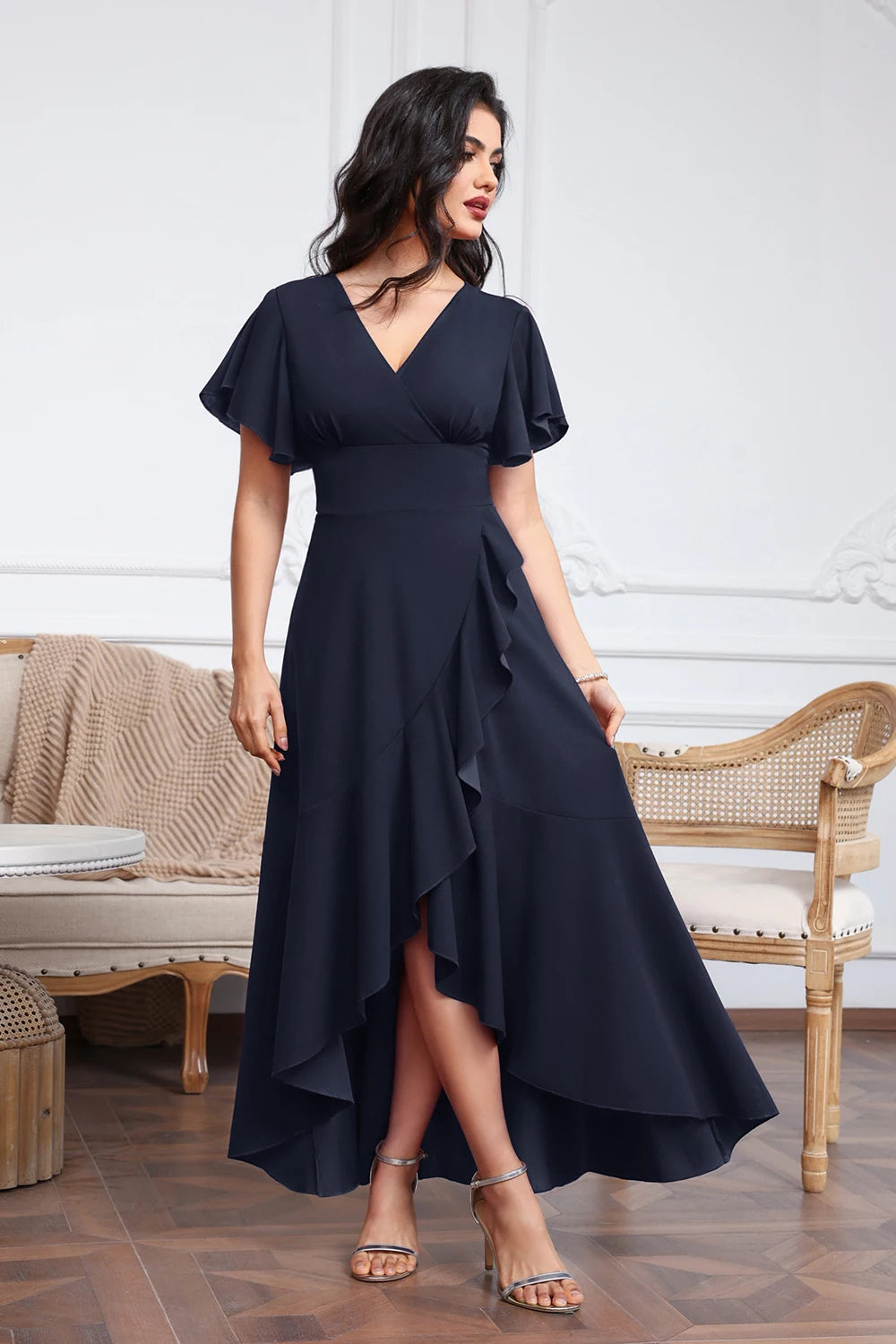 2026 New Irregular Evening Dress Ruffles Tulle Short Sleeve V-Neck High-Low Prom Dresses Wide Empire A-Line Long Split Gowns