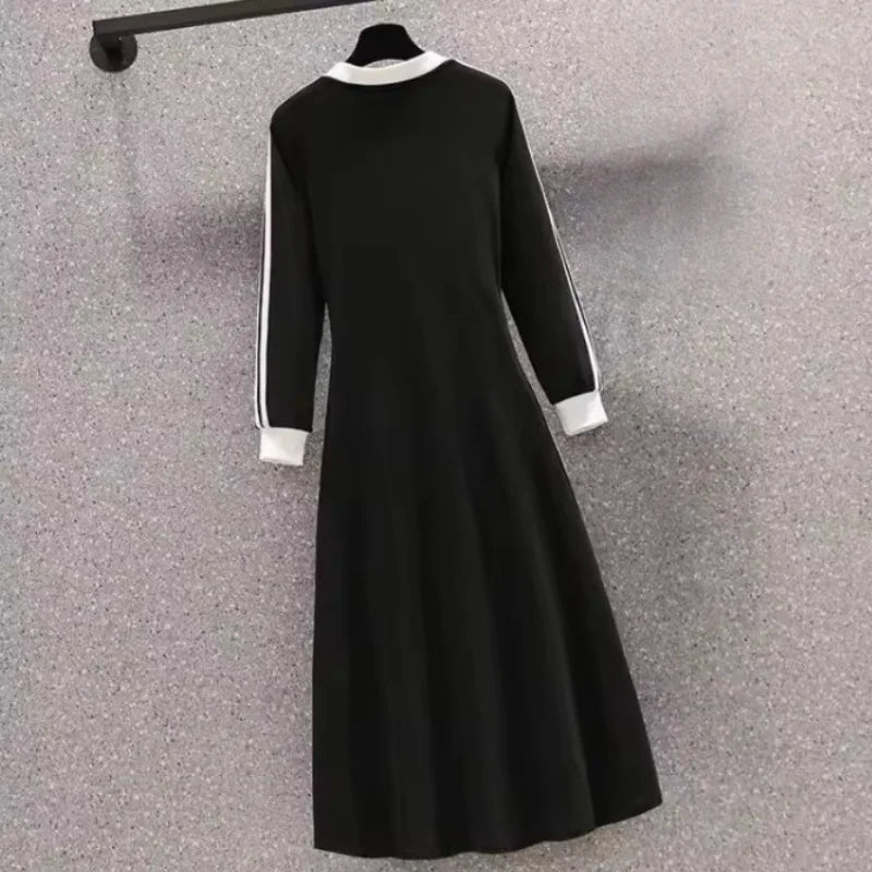 Women Autumn Midi Dresses New Black Vintage Ins Simple Y2K V-neck Korean Preppy Style Elastic Long Sleeved A-Line Sports Dress
