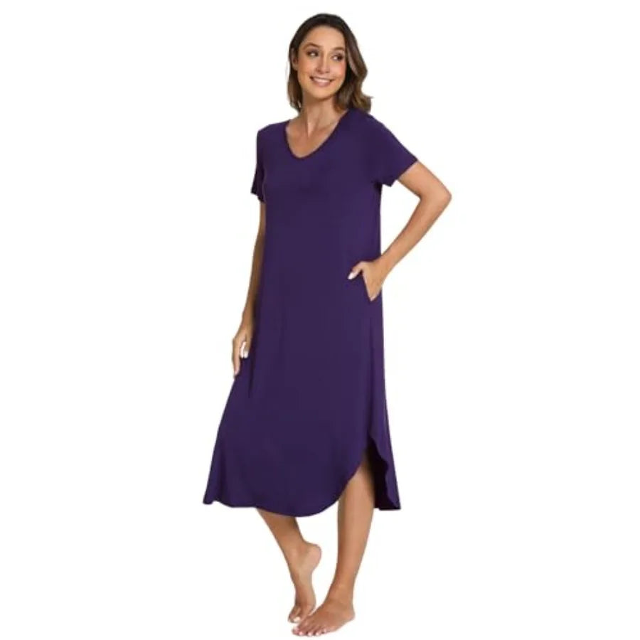 GYS Bamboo Viscose Nightgowns for Women Short Sleeve V Neck Night Shirts with Pockets