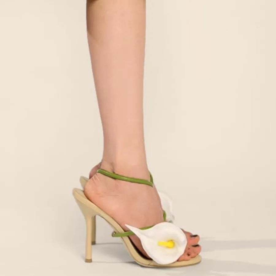 Flower High Heels for Women Calla Lily Open Toe Floral Stilettos Heels Sexy Strappy Wedding Birthday Dressy Heeled Sandals