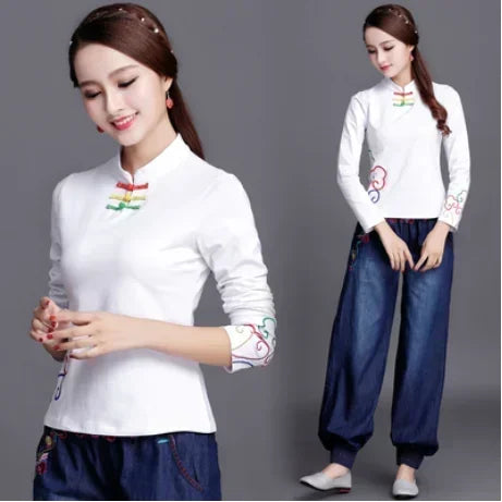 Ethnic Style Streetwear Fashion Casual Women Clothing Shirts for Women Vintage Clothes Tshirt Y2k Top Women Clothes Embroidery