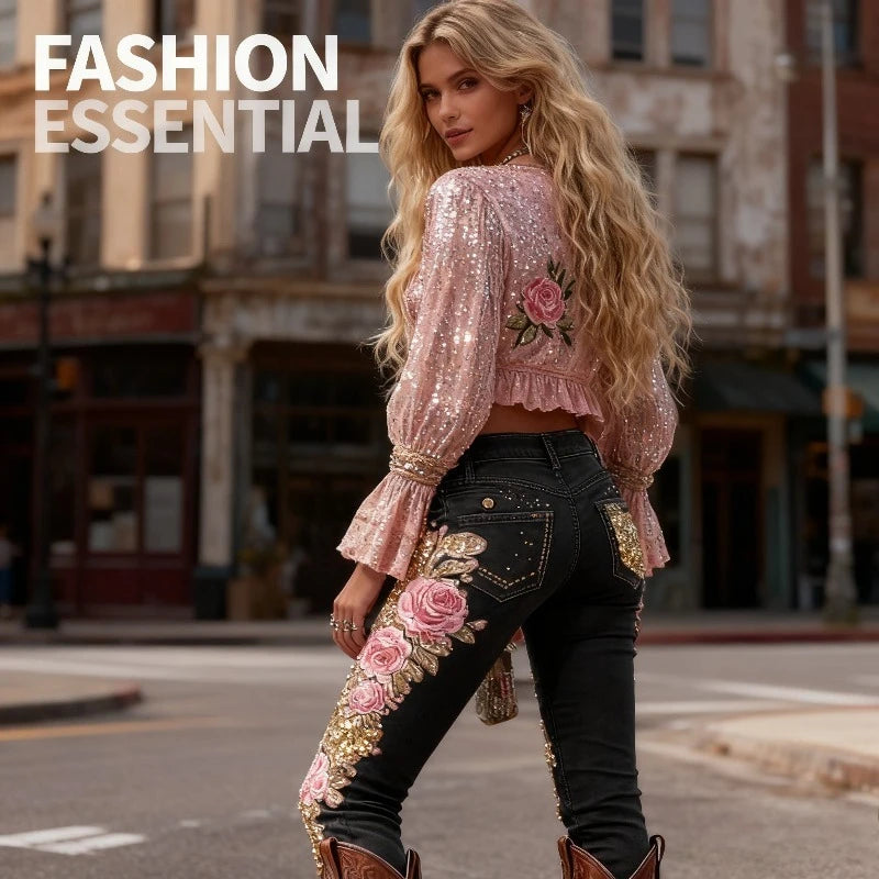 3D Floral Women's Straight Leg Jeans Fashionable and Casual Stretch Denim Pants Comfortable Daily Wear Street Style
