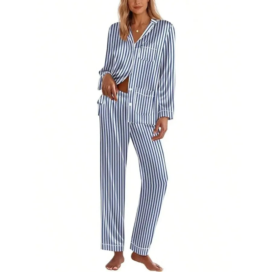 Pink Satin Women Pajama Set Long Sleeve Button Down Lounge Wear