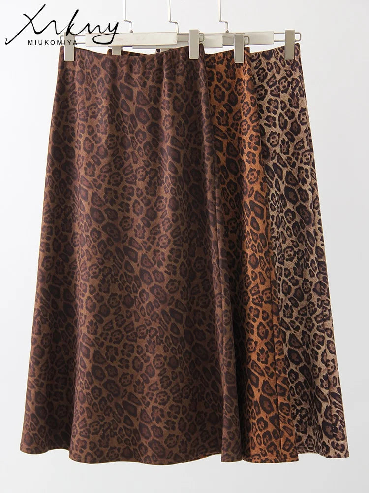 Formal Suede Long Skirt For Women Spring Winter Maxi Leopard Print Skirts A Line Elegant Vintage High Waist Women's Skirts Lady