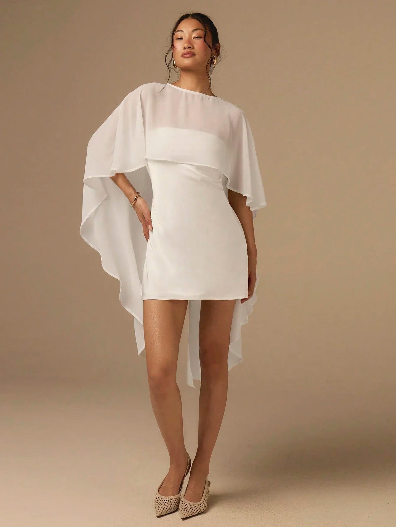White Satin Mini Dress With Flowing Cape Shawl, Bias Cut Solid Cocktail Outfit For Wedding Party Event Vacation