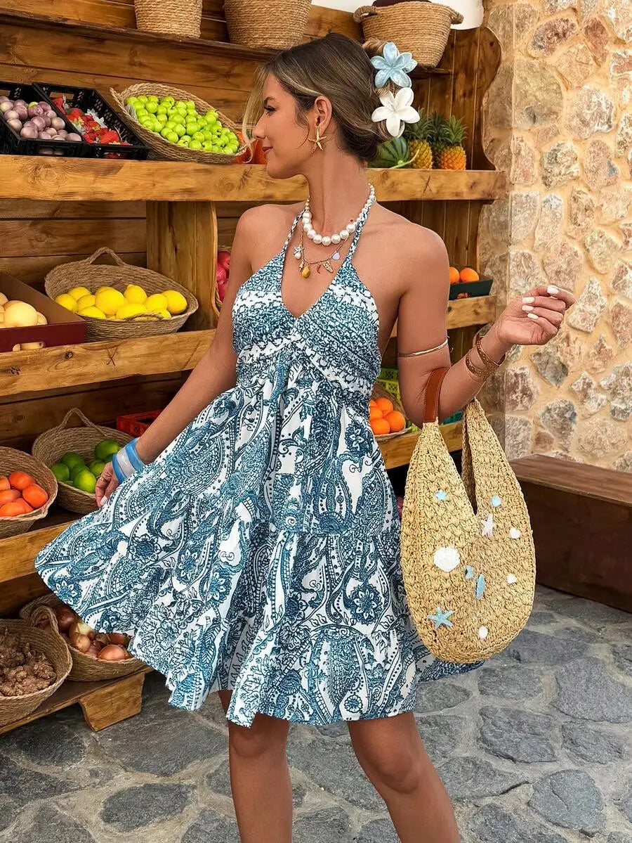 Women Sleeveless V-Neck A-Line Paisley Print Mini Dress For Summer Holiday Beach Outfit