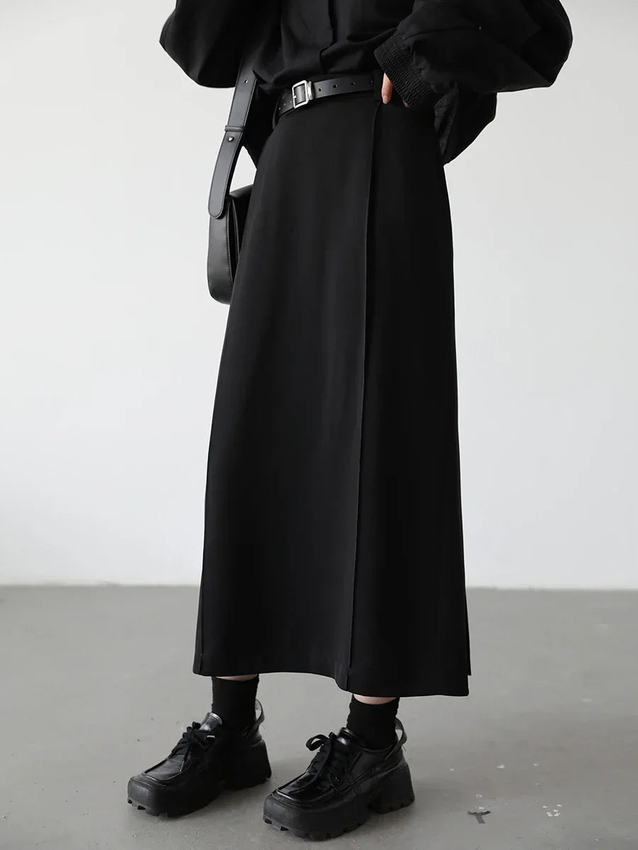 CHIC VEN Women's Skirts Loose High Waist Pleated Straight Tube Skirt Slit Black Female Clothes Office Lady Autumn Winter 2024