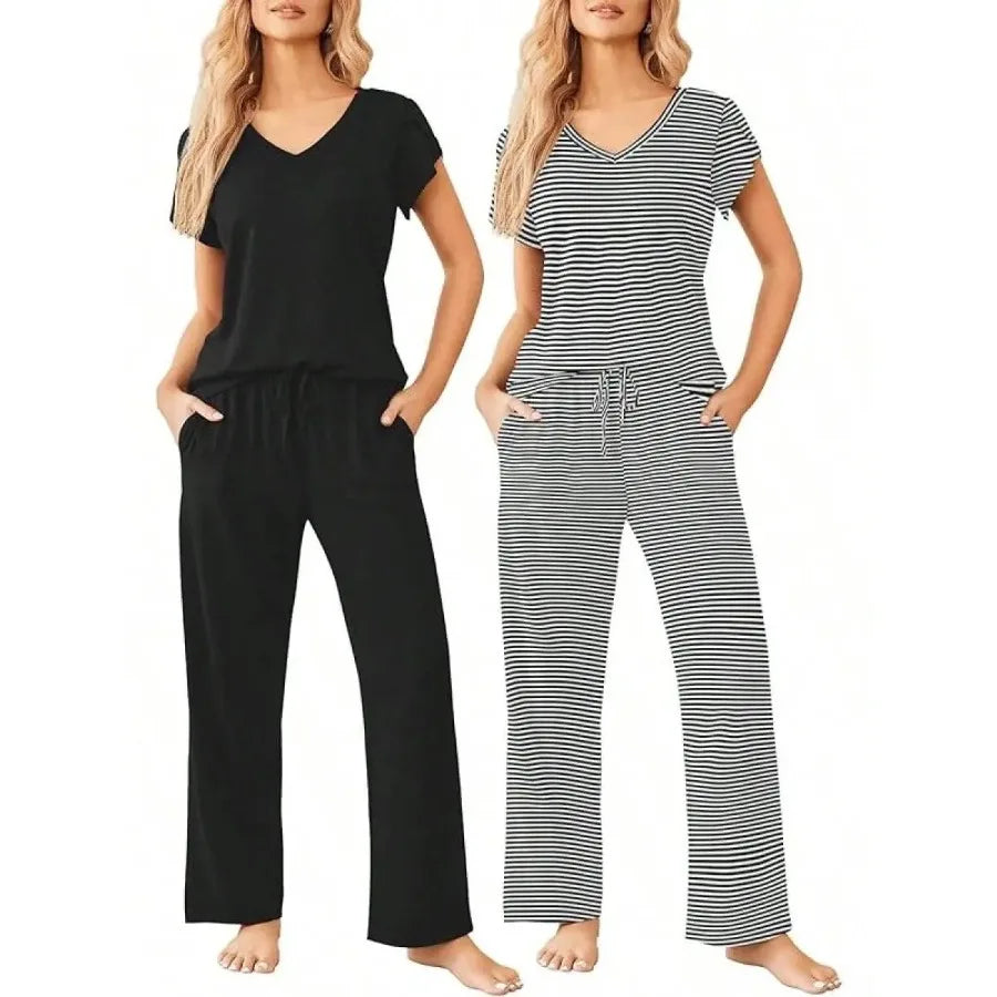 Womens Short Sleeve Striped Pajama Set Soft Lounge Wear S-XXL