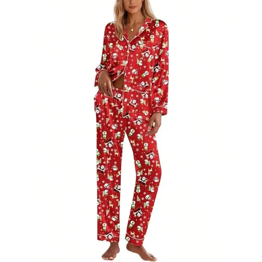 Pink Satin Women Pajama Set Long Sleeve Button Down Lounge Wear