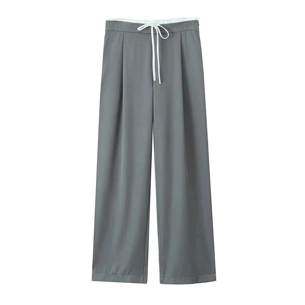 Women's Double Waistband Wide Leg Pants, High Elastic Waist With Drawstring, Side Pockets, Female Trousers, Chic Fashion