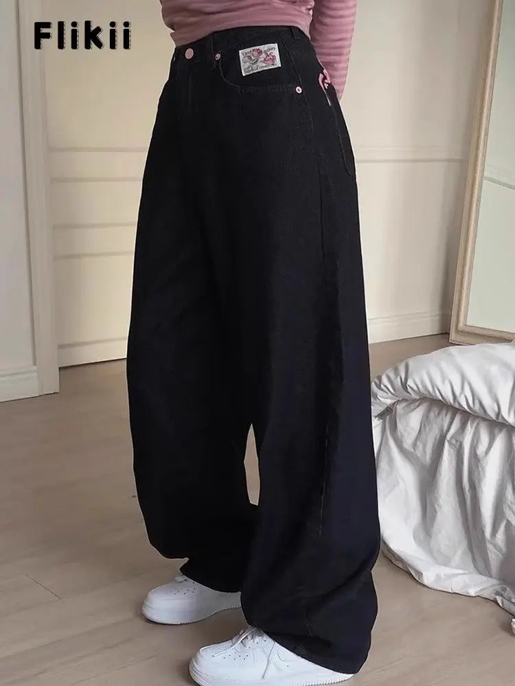Women's Sweet Casual Full Length Baggy Denim Trouser Retro Emo Harajuku Loose Jeans Letter Embroidery High Waist Y2K 2000s Pants