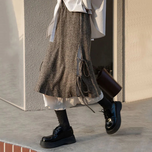 Autumn Women's Skirts Vintage High Waist Patchwork Skirts for Ladies Korean Lace Up Long Skirts Y2K Streetwear Women's Clothing