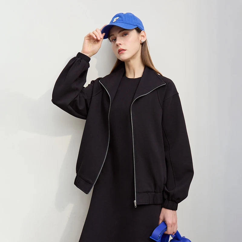 Amii Women's Jackets 2026 Autumn New Stand-up Collar Zipper Cotton Knitted Jacket Women's Loose Shoulder Sleeve Top 12641079