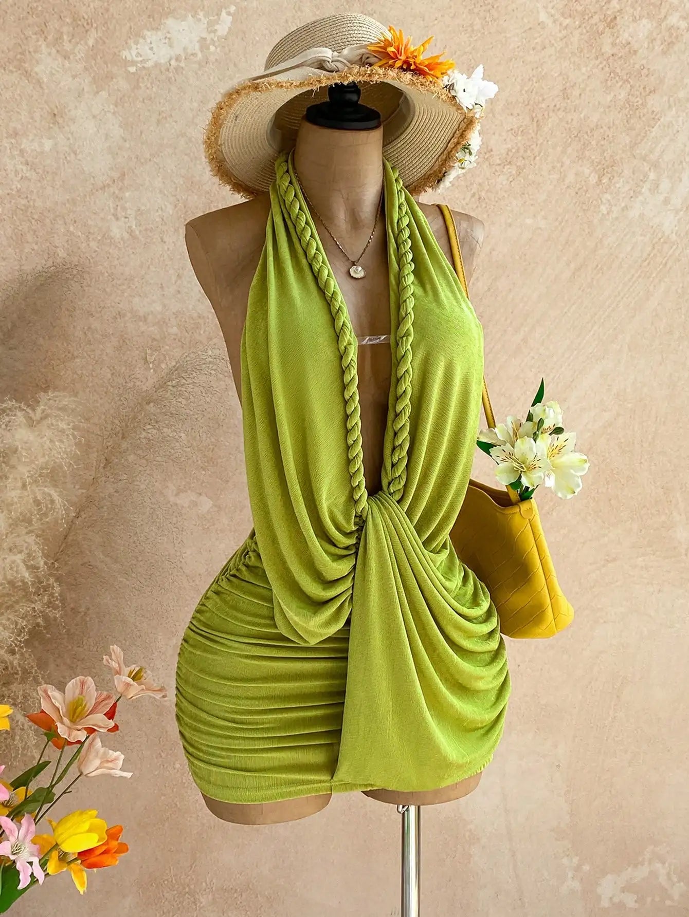 Women Solid Color Backless Halter Mini Dress For Vacation Beach Summer Outfit