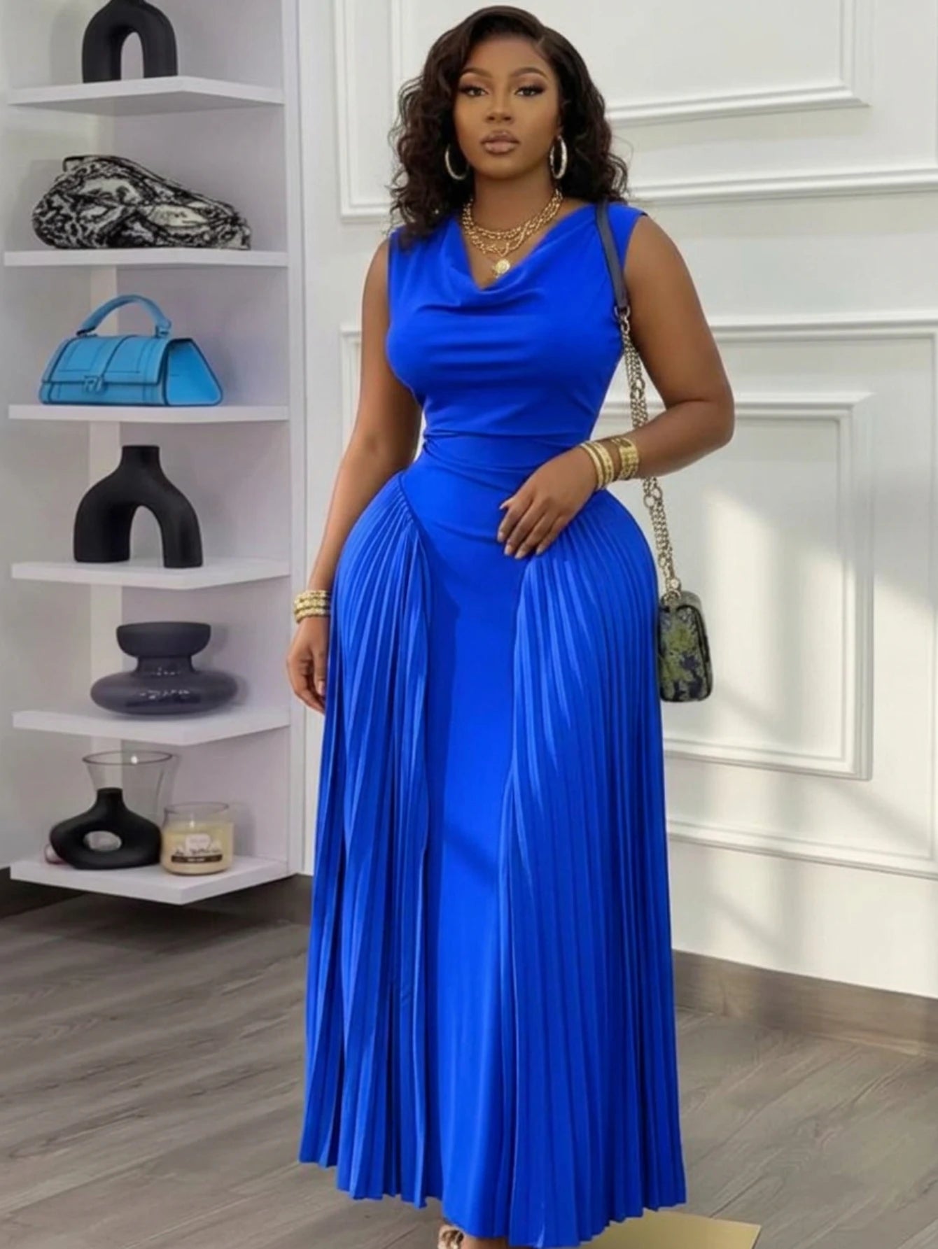 Women Sleeveless Cowl Neck Pleated Maxi Dress For Formal Evening Wedding Guest Prom And Banquet Occasion