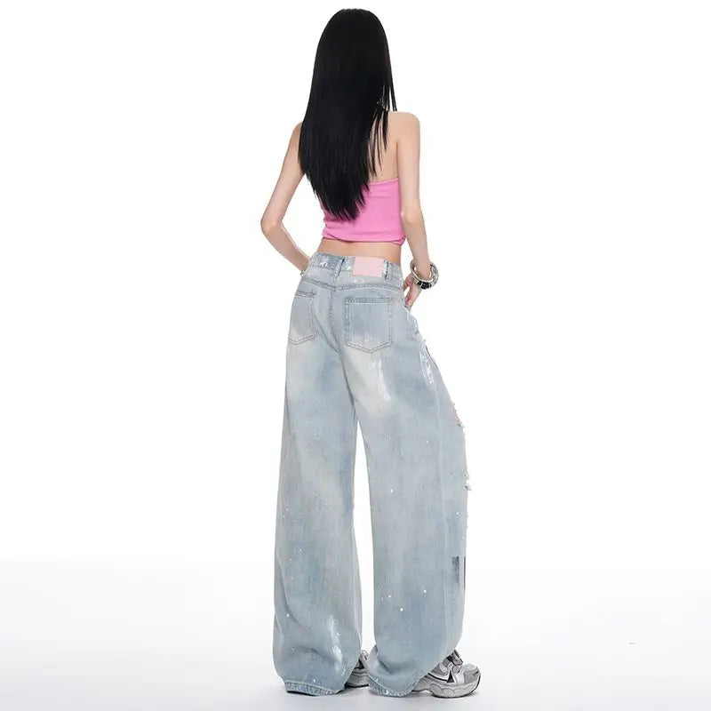 2026 Summer New Ripped Trendy Painted Wide-Leg Straight Jeans for Women, Hot Girl Vintage Style Denim Pants