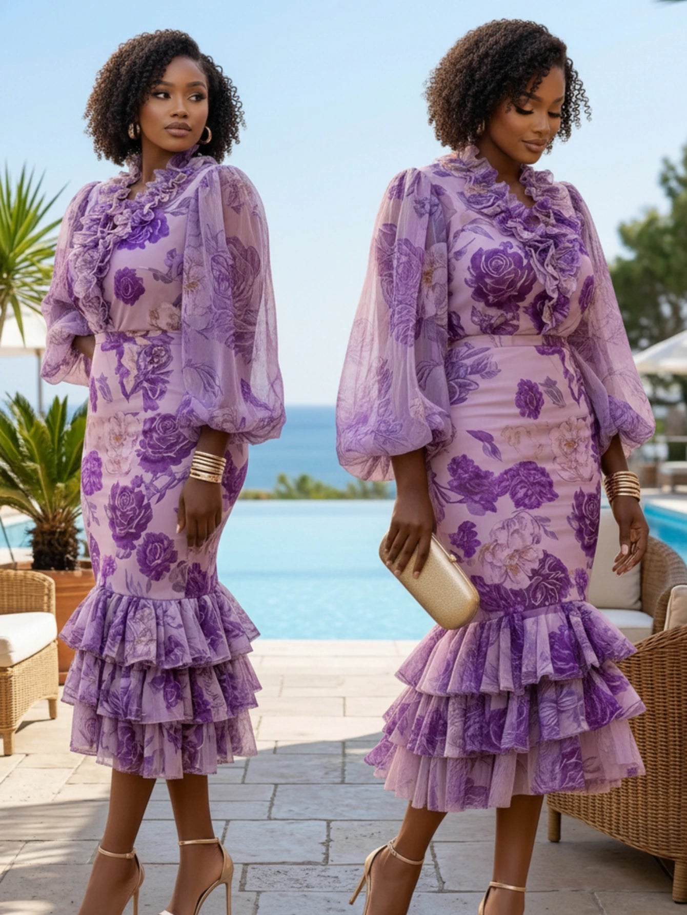 Women V Neck Ruffled Puff Sleeve Printed Midi Dress With Layered Hem For Beach Resort Vacation And Daily Occasion