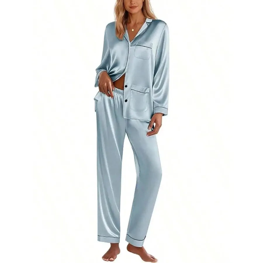 Pink Satin Women Pajama Set Long Sleeve Button Down Lounge Wear
