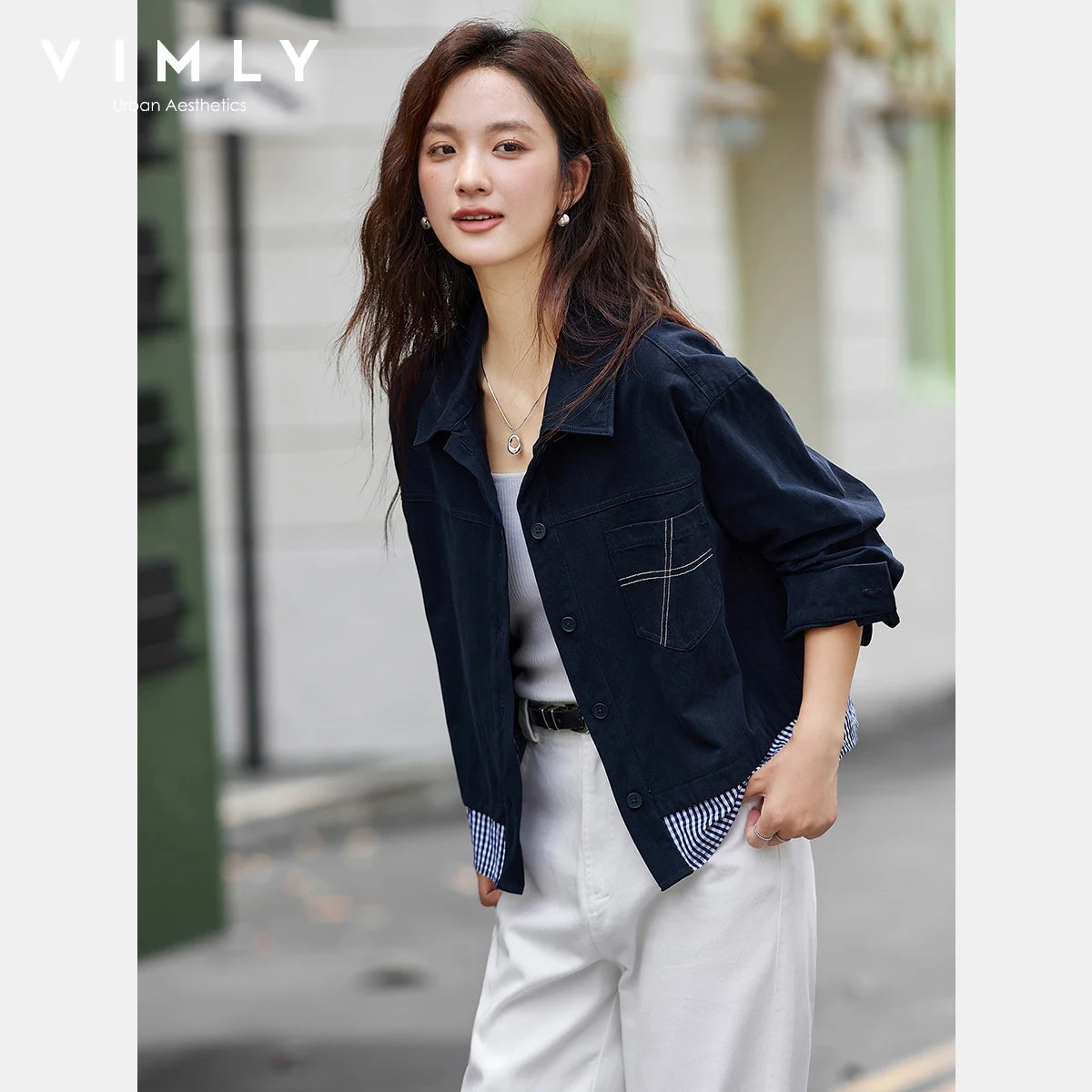 VIMLY Elegant Women's Jackets Navy Blue Casual Pure Cotton Female Jackets Autumn 2026 Turn-down Neck Spliced Ladies Jacket A2853