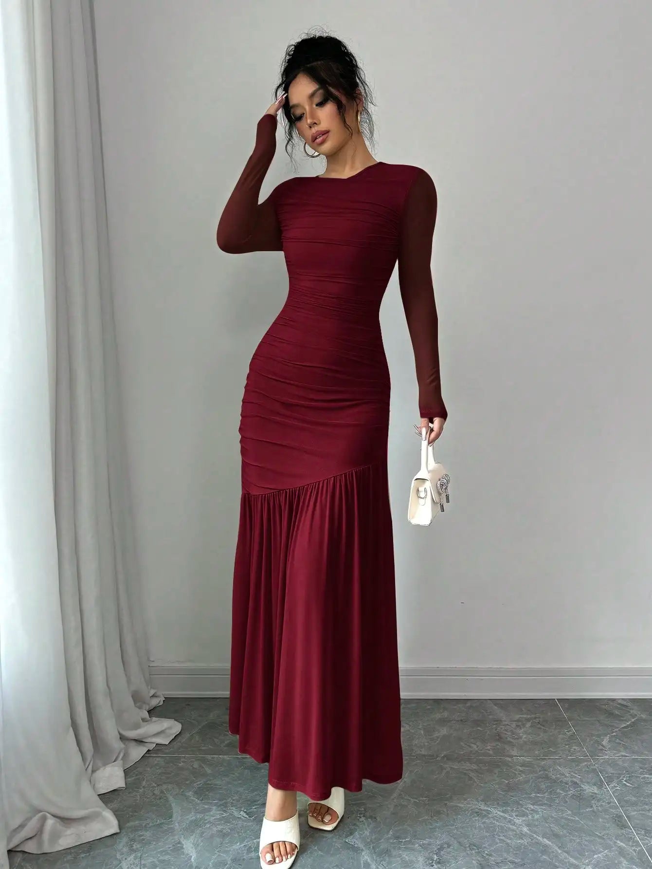 Elegant Mint Green Long Sleeve Round Neck Floor-Length Dress For Women