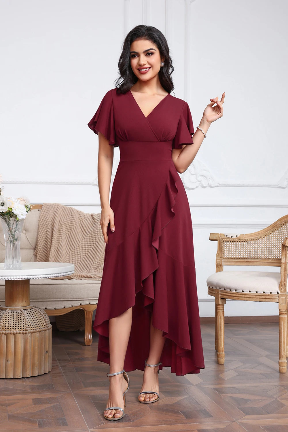 2026 New Irregular Evening Dress Ruffles Tulle Short Sleeve V-Neck High-Low Prom Dresses Wide Empire A-Line Long Split Gowns