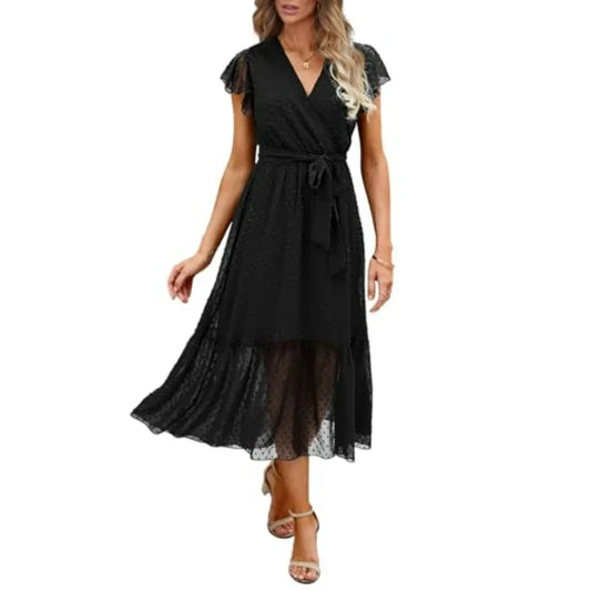 BTFBM Women Summer Bohemian Casual Wrap V Neck Ruffle Cap Sleeveless Belt A-Line Pleated Hem Midi Sun Dress