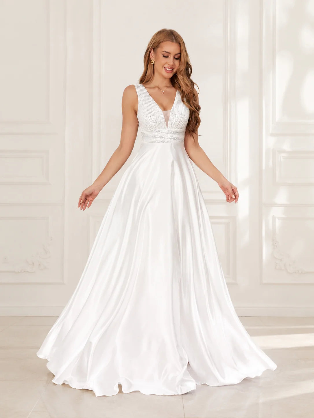 Women Sleeveless Deep V Neck Sequin Bodice Satin A Line Maxi Dress With Train, Elegant Formal Evening Floor Length Gown, Bridal Reception Wedding Guest Prom Party Long Dress S-XXL 3 Colors Available
