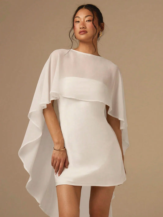 White Satin Mini Dress With Flowing Cape Shawl, Bias Cut Solid Cocktail Outfit For Wedding Party Event Vacation