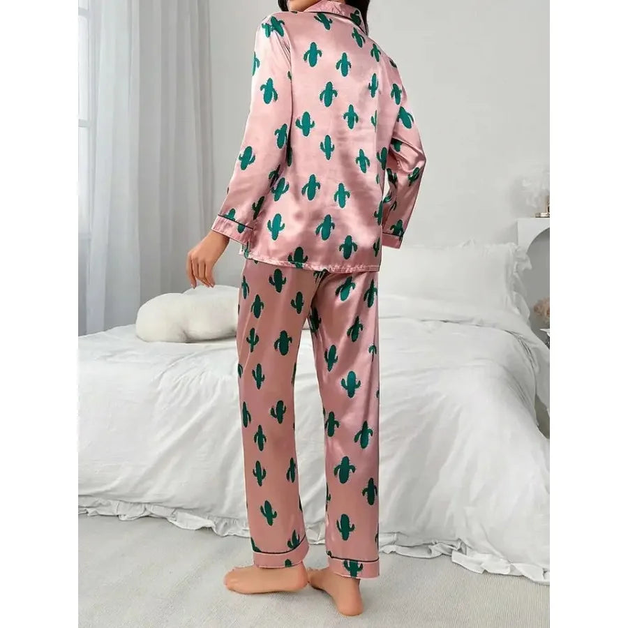 Pink Cactus Print Long Sleeve Pajama Set With Turn-Down Collar