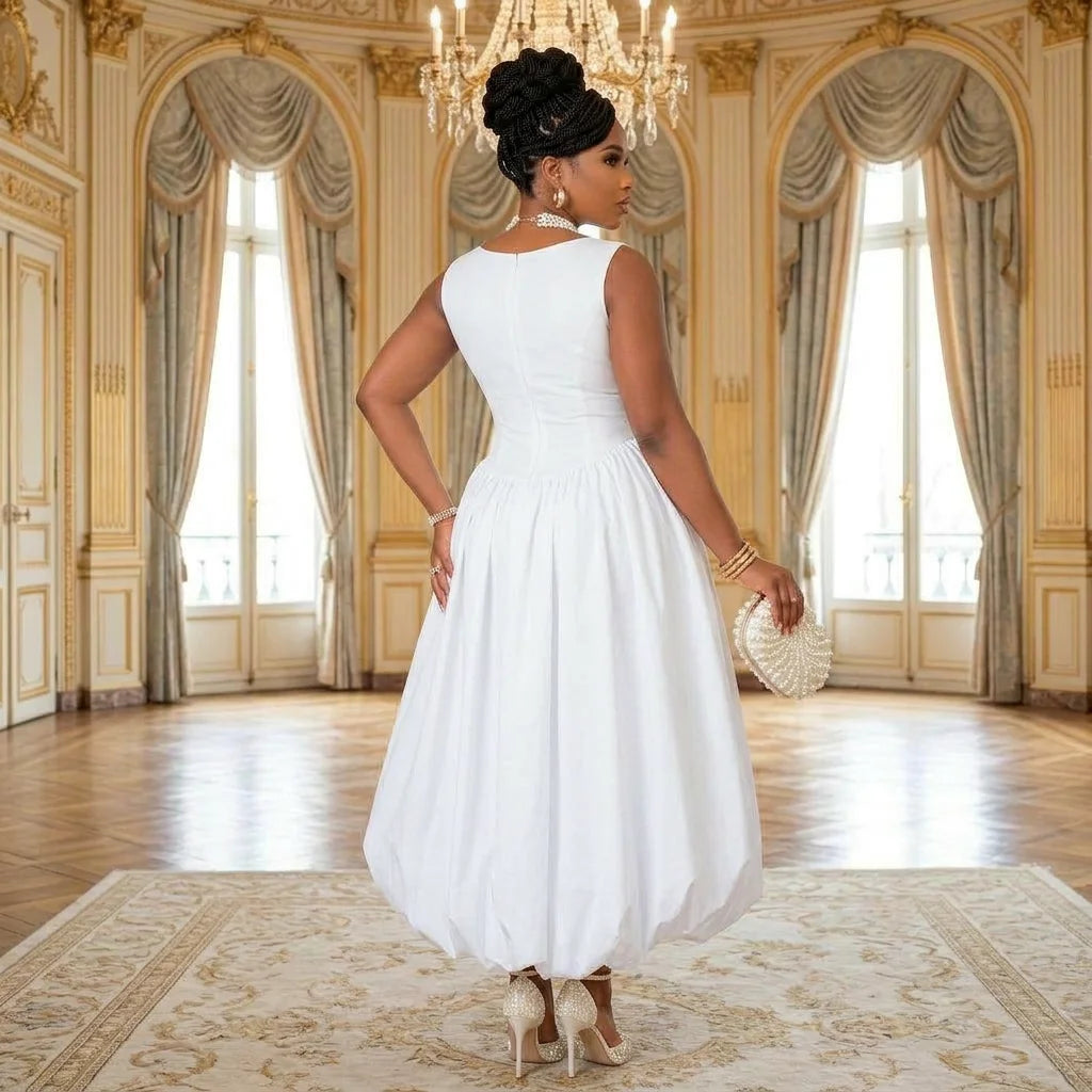 Women Sleeveless Round Neck Midi Dress With Bubble Hem For Wedding Guest Formal Evening And Banquet Occasion