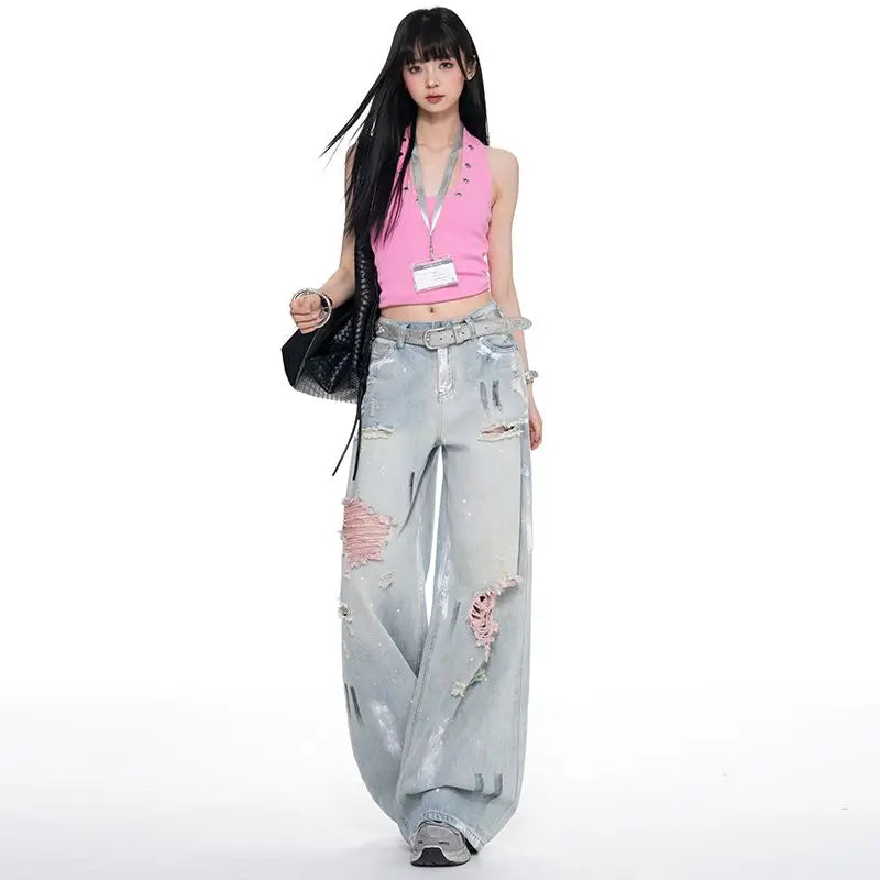 2026 Summer New Ripped Trendy Painted Wide-Leg Straight Jeans for Women, Hot Girl Vintage Style Denim Pants