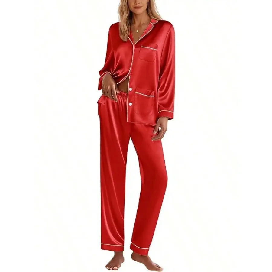 Pink Satin Women Pajama Set Long Sleeve Button Down Lounge Wear