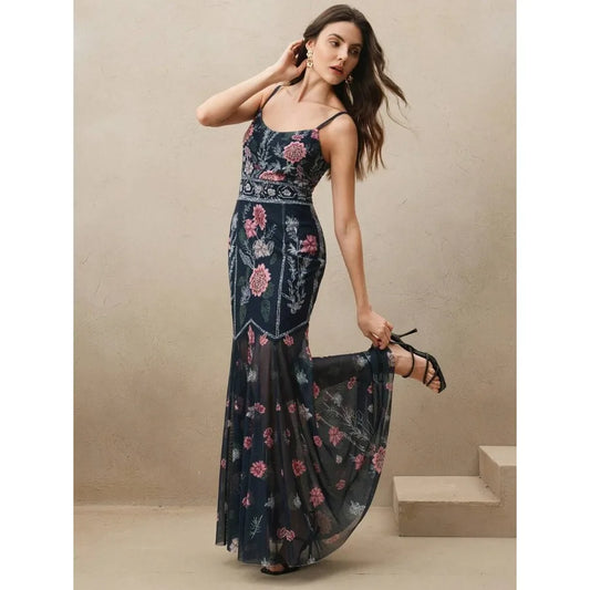 【New style】Anewsta Elegant Floral Network Splice Printed V-Neck Mermaid Hem Spaghetti Strap Dress, For Valentine's Day, Summer