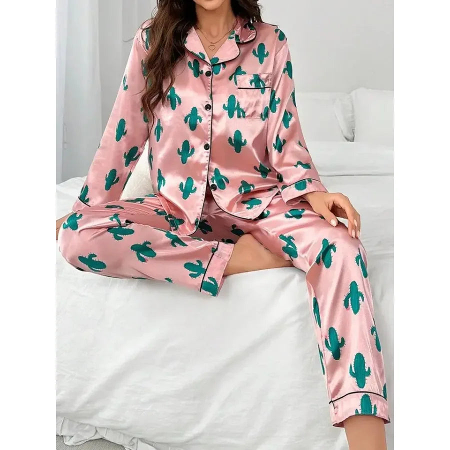 Pink Cactus Print Long Sleeve Pajama Set With Turn-Down Collar